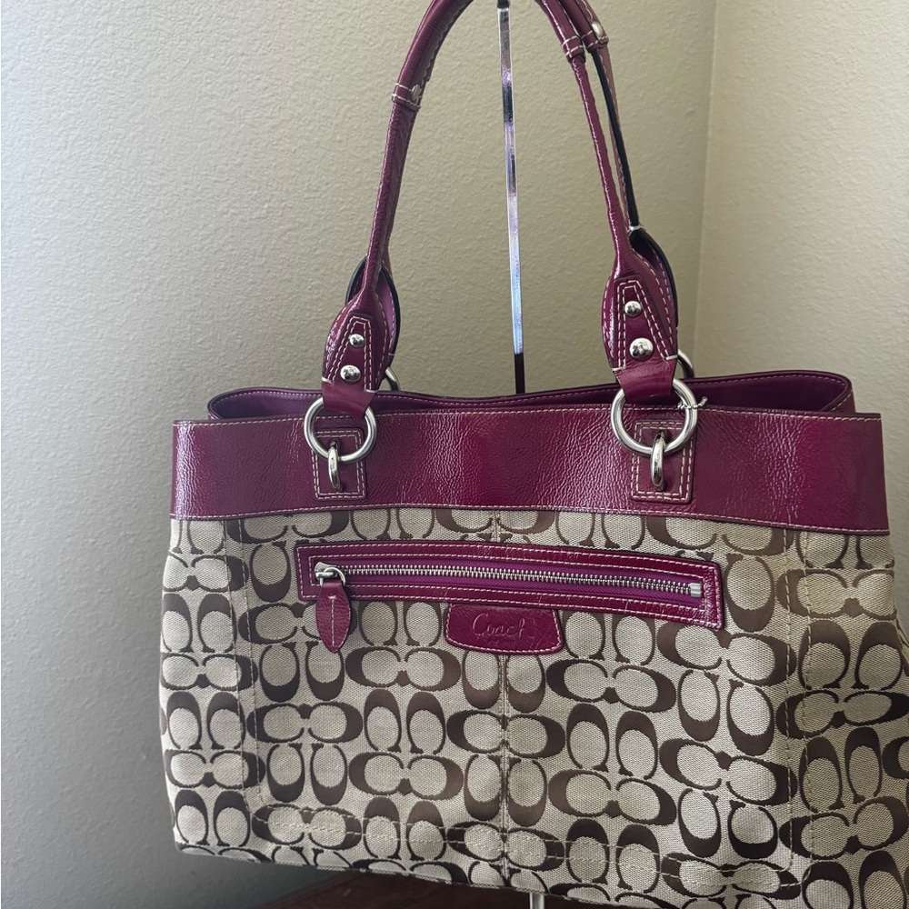 Coach Burgundy and Tan Signature Shoulder Bag